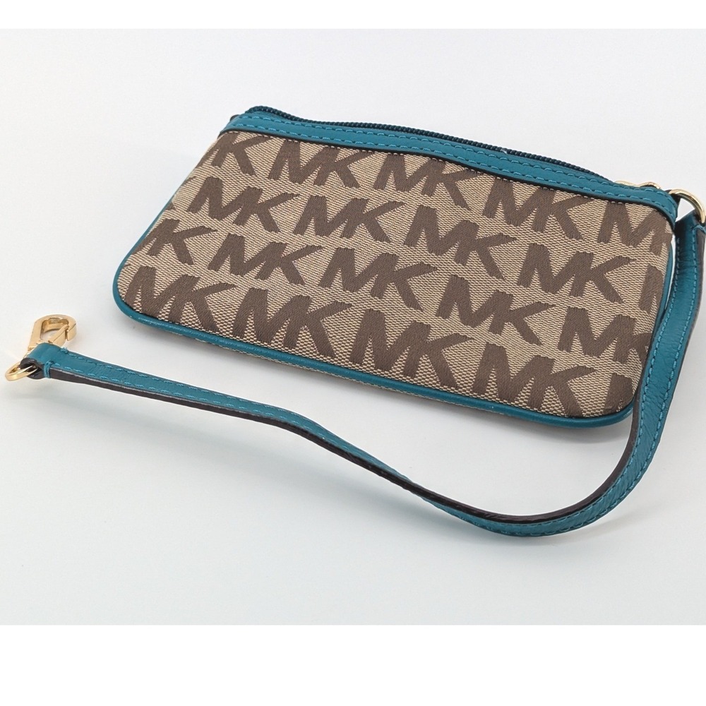 Michael Kors MK Monogram Canvas Wristlet Teal Leather Trim Gold Hardware Pouch